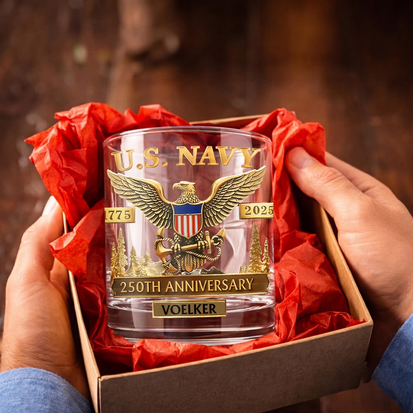 Personalized US Navy Whiskey Glass - 250th Anniversary Gift