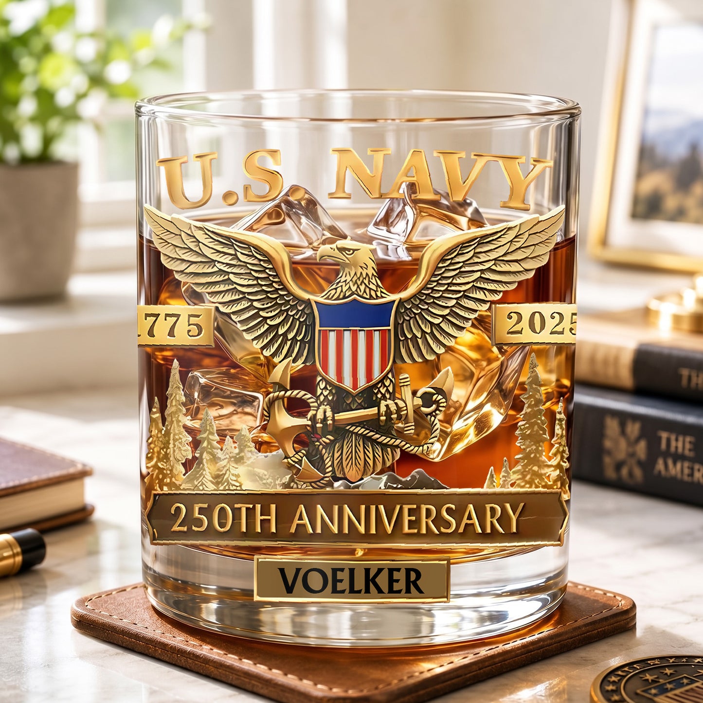 Personalized US Navy Whiskey Glass - 250th Anniversary Gift