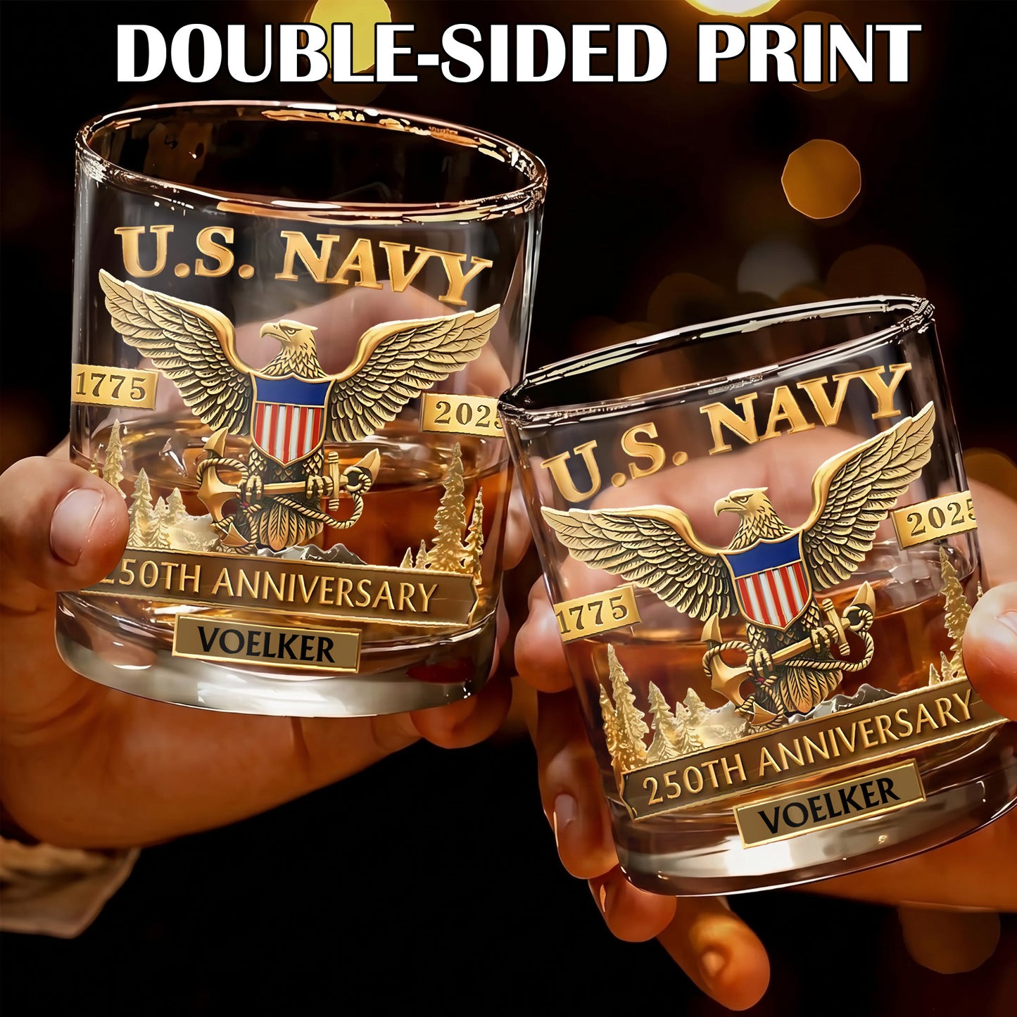 Personalized US Navy Whiskey Glass - 250th Anniversary Gift