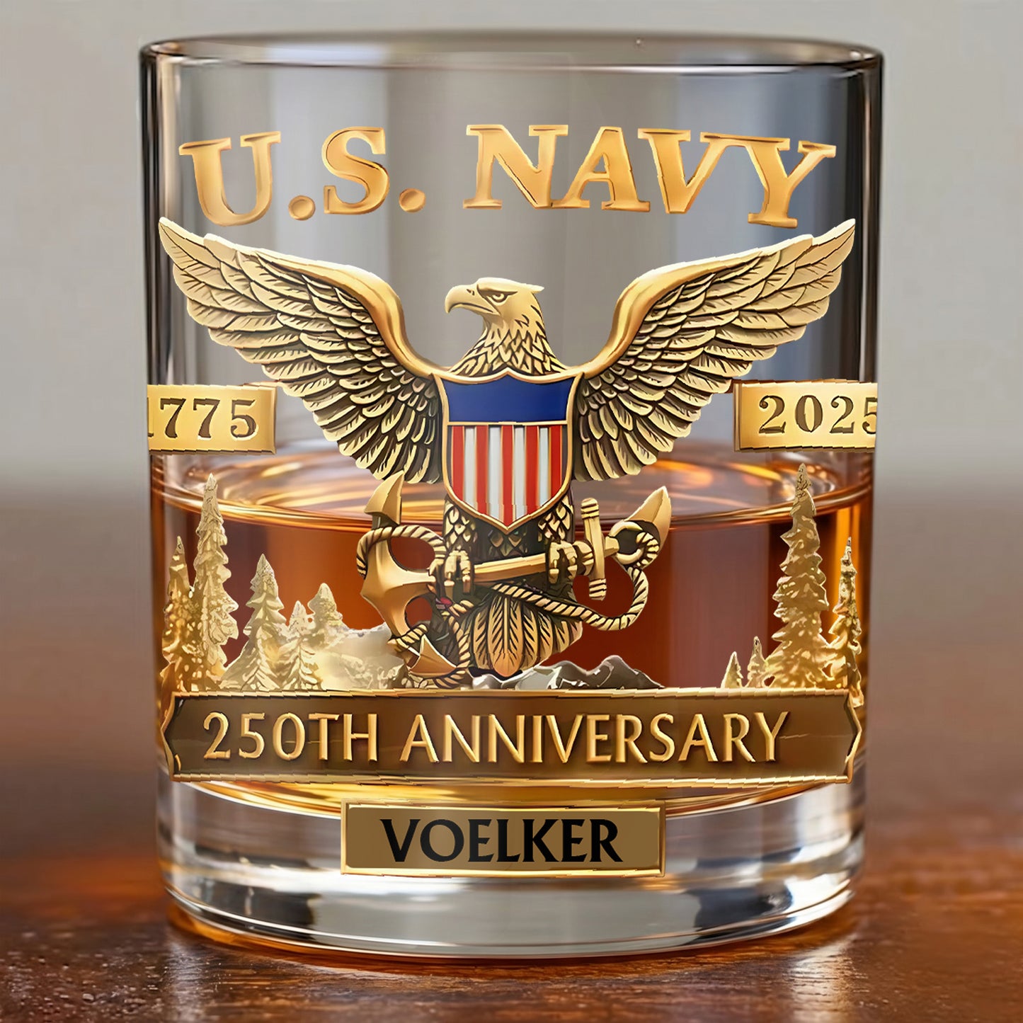 Personalized US Navy Whiskey Glass - 250th Anniversary Gift