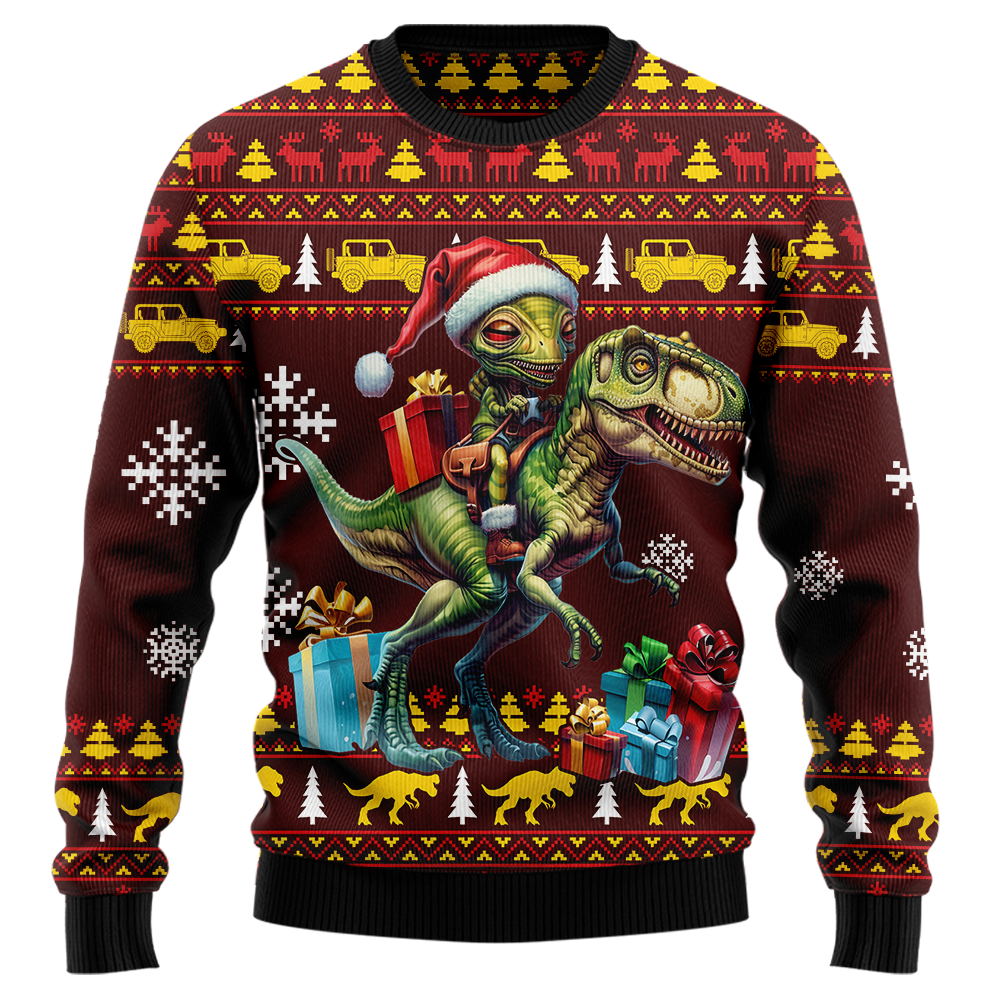 Alien Riding T-Rex Ugly Christmas Sweater