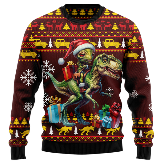 Alien Riding T-Rex Ugly Christmas Sweater