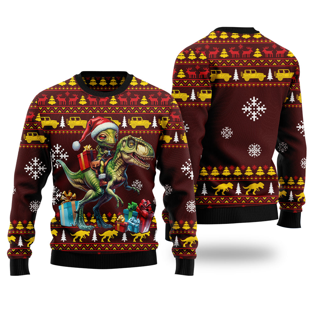 Alien Riding T-Rex Ugly Christmas Sweater