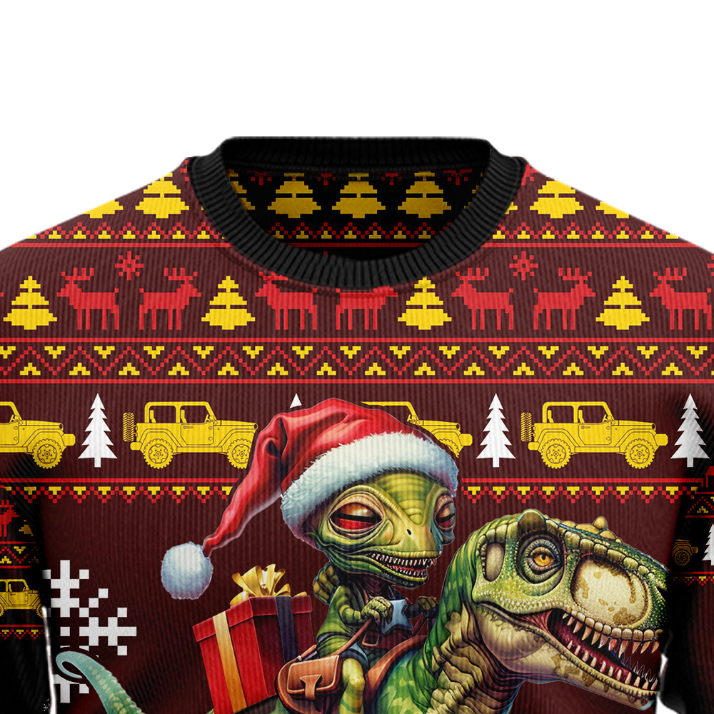 Alien Riding T-Rex Ugly Christmas Sweater