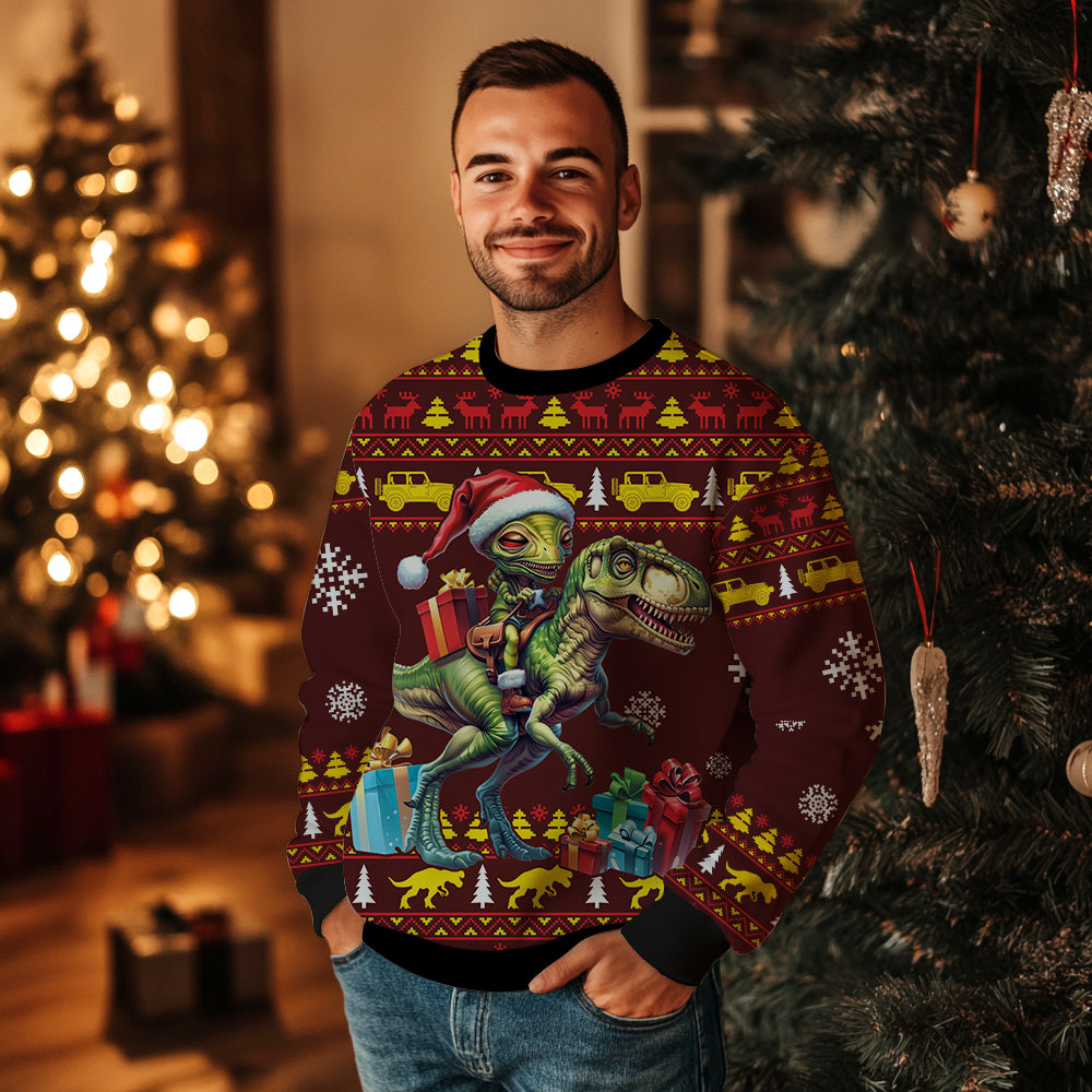 Funny Alien Riding T-Rex Ugly Christmas Sweater, 3D Print Dinosaur Santa Holiday Sweatshirt, Sci-Fi Xmas Party Jumper for Men Women