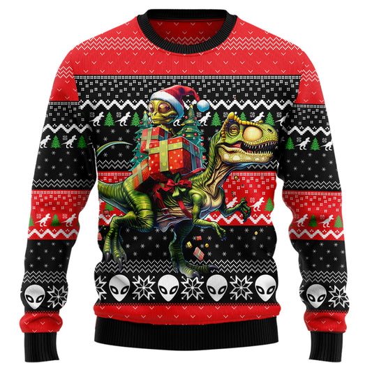 Alien Riding T-Rex Dinosaur Ugly Christmas Sweater