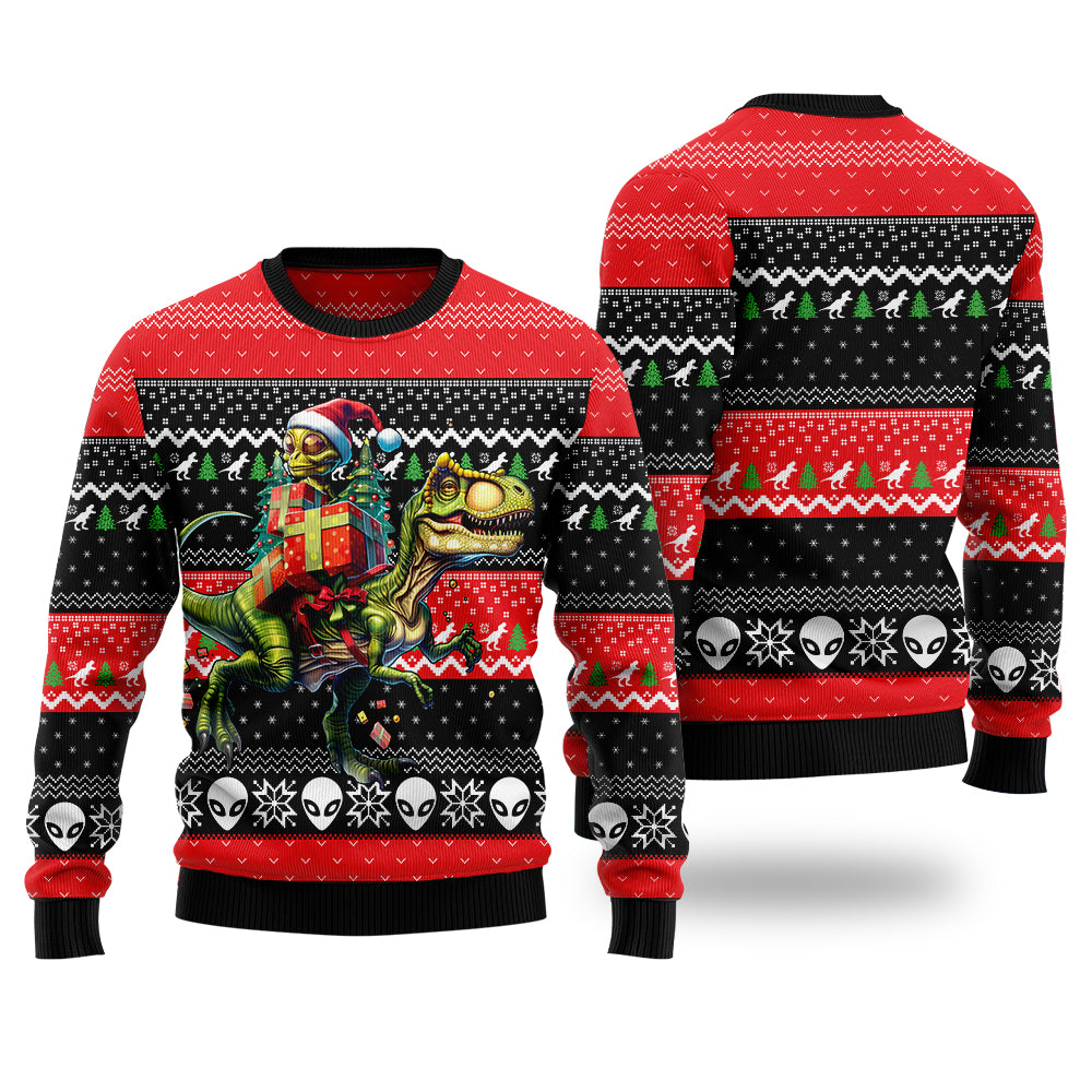 Alien Riding T-Rex Dinosaur Ugly Christmas Sweater