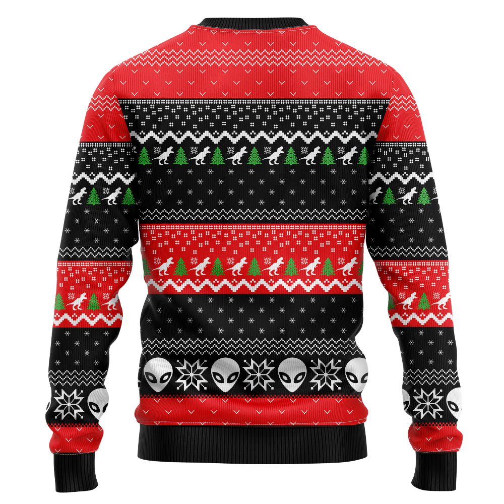 Alien Riding T-Rex Dinosaur Ugly Christmas Sweater