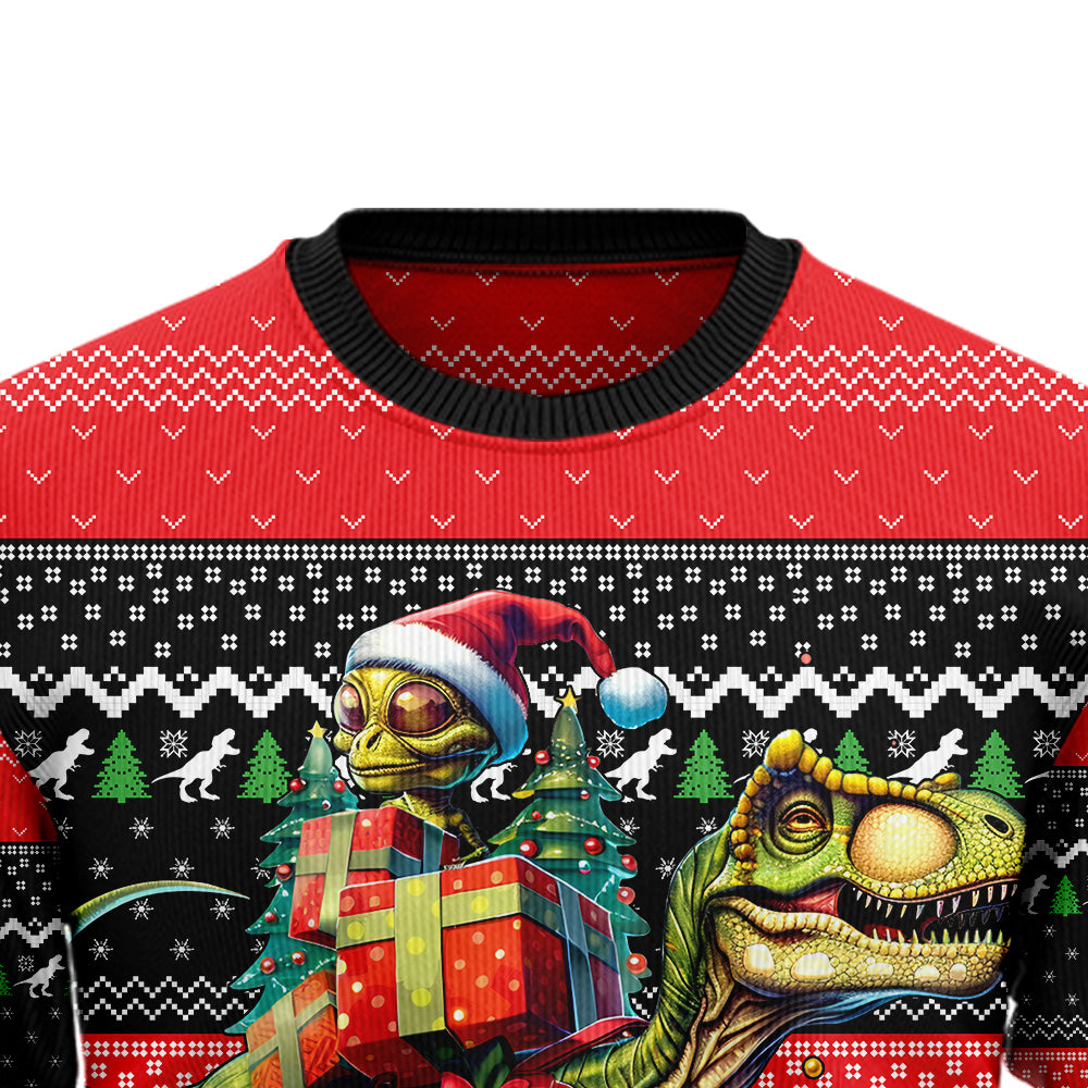 Alien Riding T-Rex Dinosaur Ugly Christmas Sweater