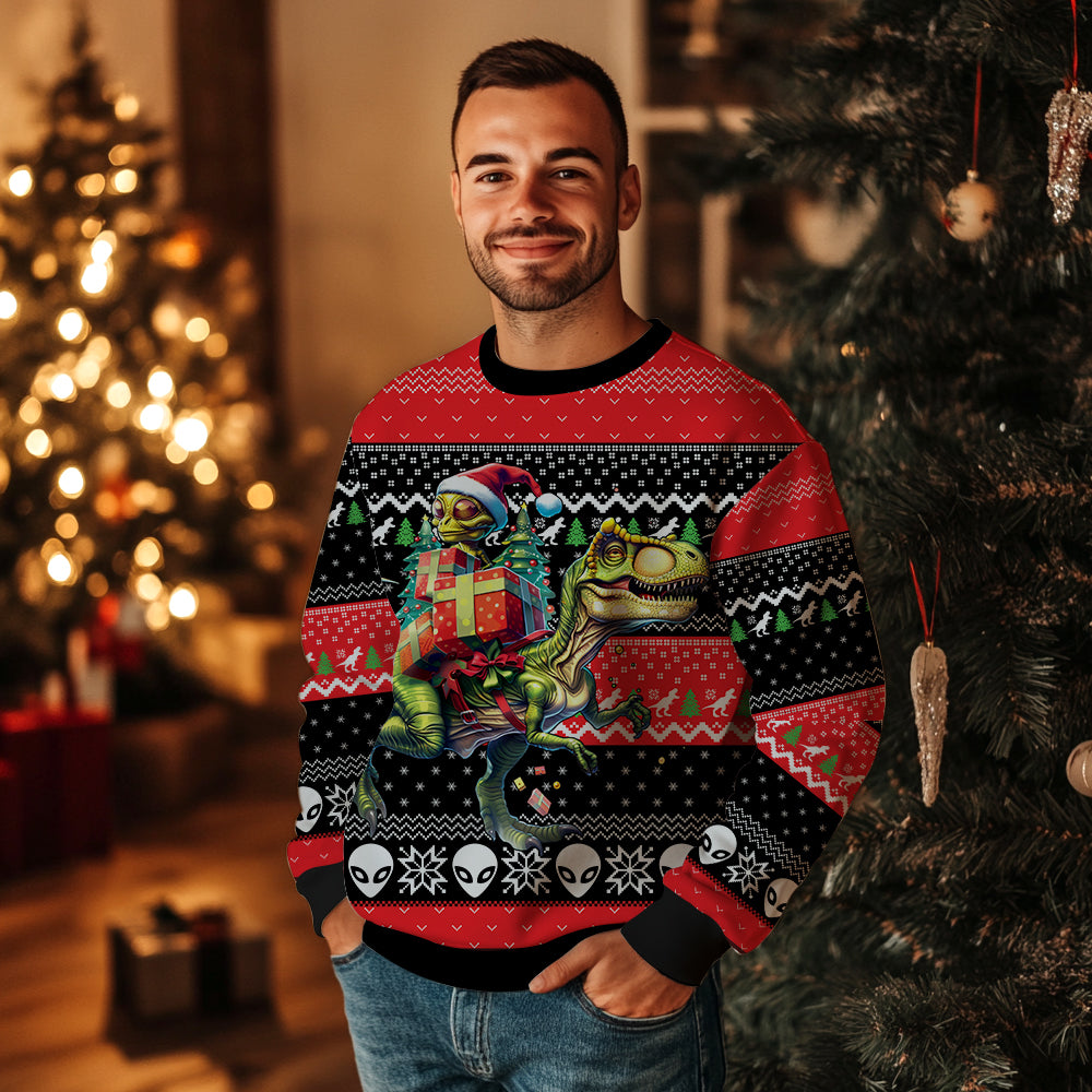 Alien Riding T-Rex Dinosaur Ugly Christmas Sweater