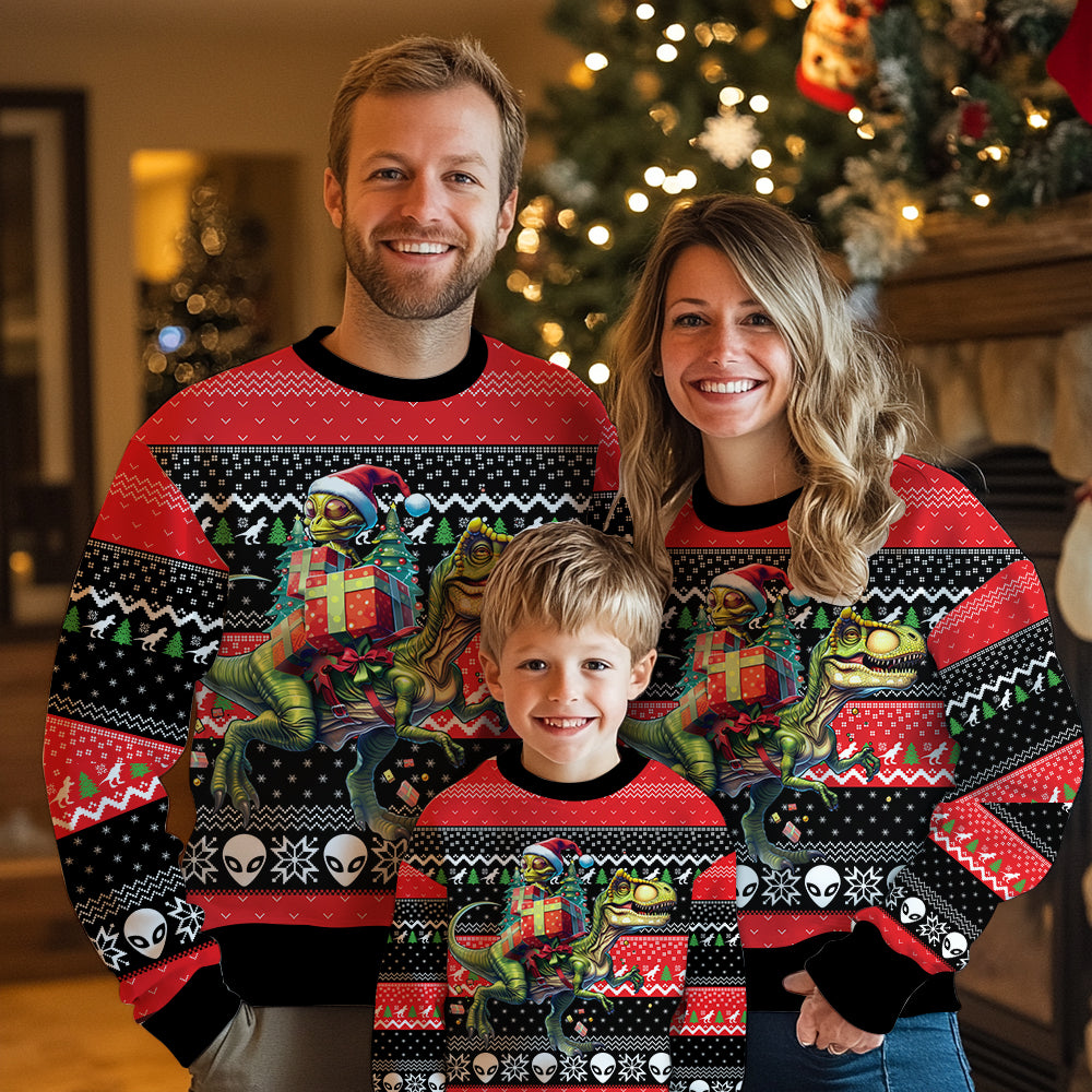 Alien Riding T-Rex Dinosaur Ugly Christmas Sweater
