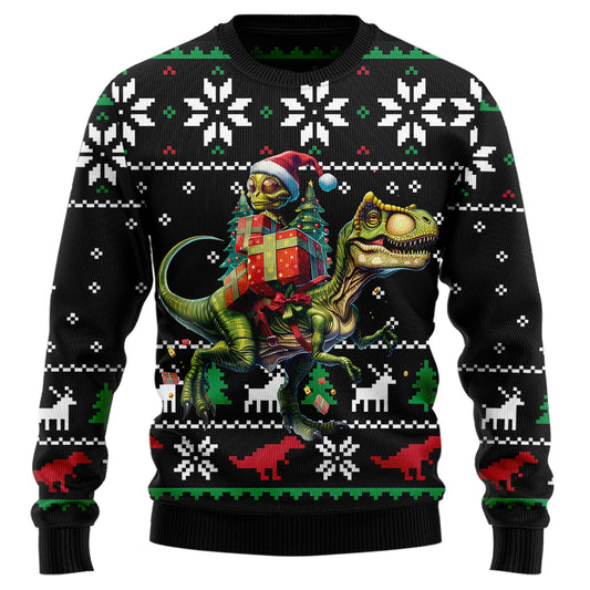 Funny Alien Riding T-Rex Ugly Christmas Sweater