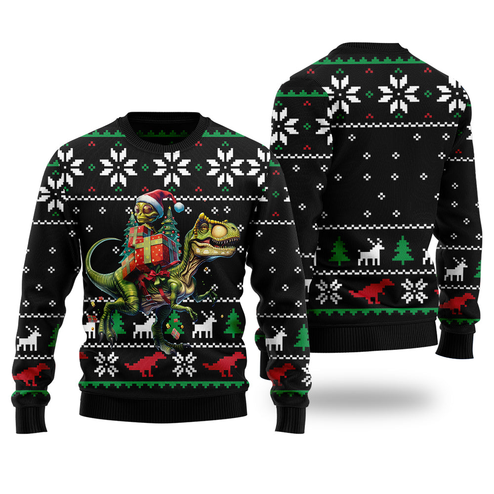 Funny Alien Riding T-Rex Ugly Christmas Sweater