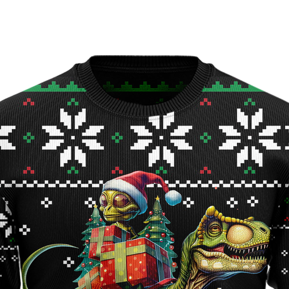 Funny Alien Riding T-Rex Ugly Christmas Sweater