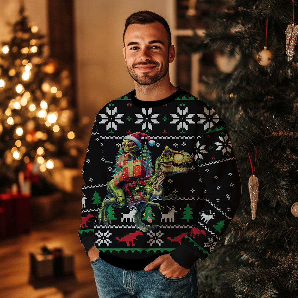 Funny Alien Riding T-Rex Ugly Christmas Sweater