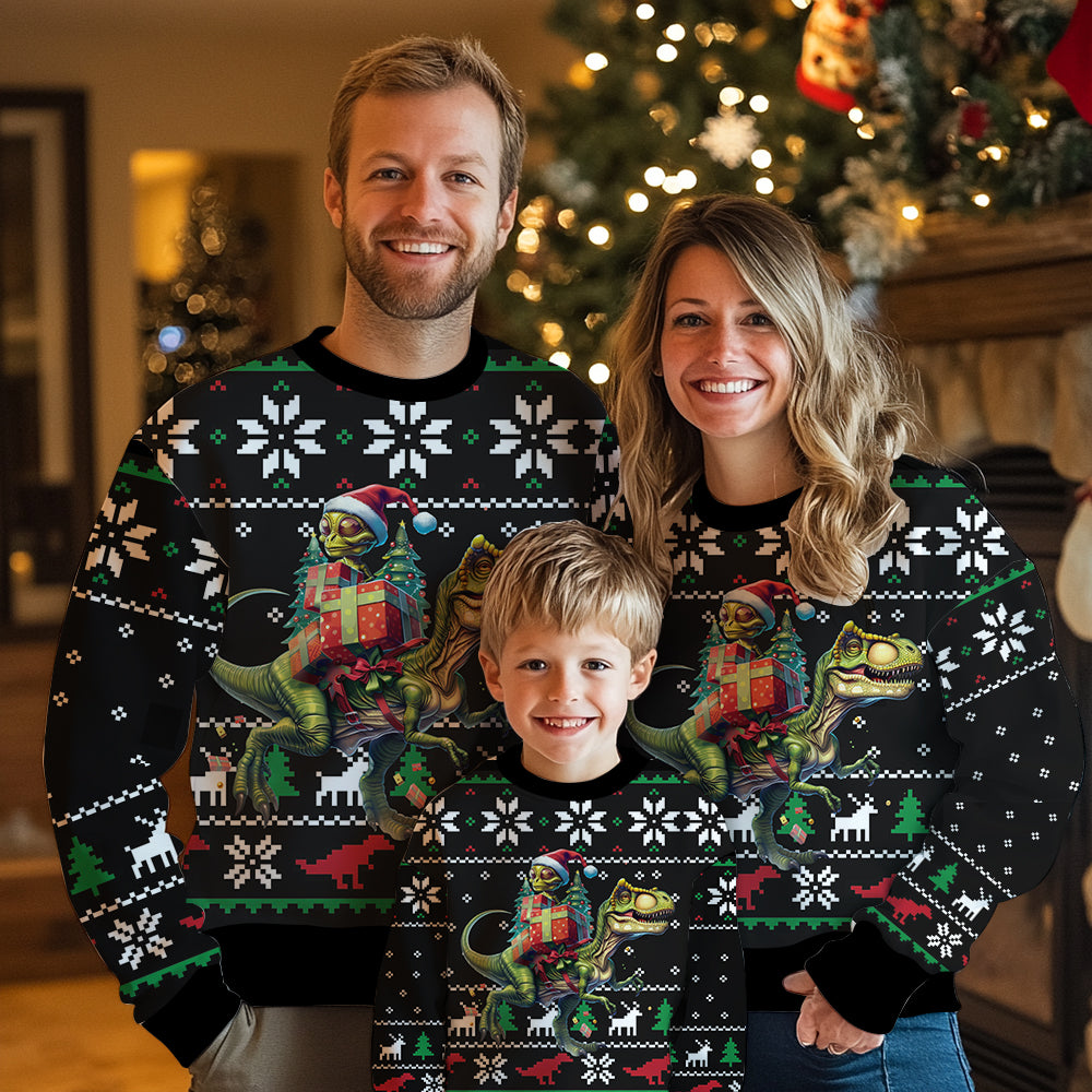 Funny Alien Riding T-Rex Ugly Christmas Sweater