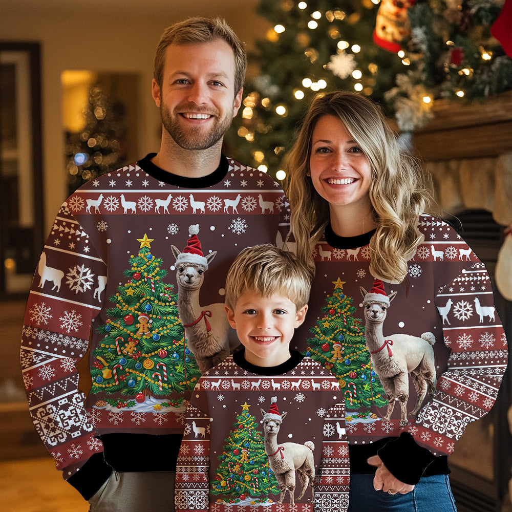 Funny Alpaca Santa Hat Ugly Christmas Sweater, Cute Llama 3D Holiday Sweatshirt, Animal Lover Xmas Jumper