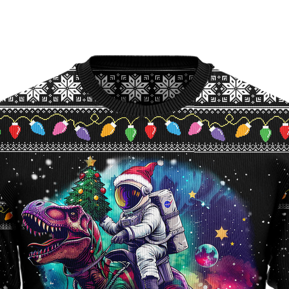 Astronaut Riding T-Rex Ugly Christmas Sweater