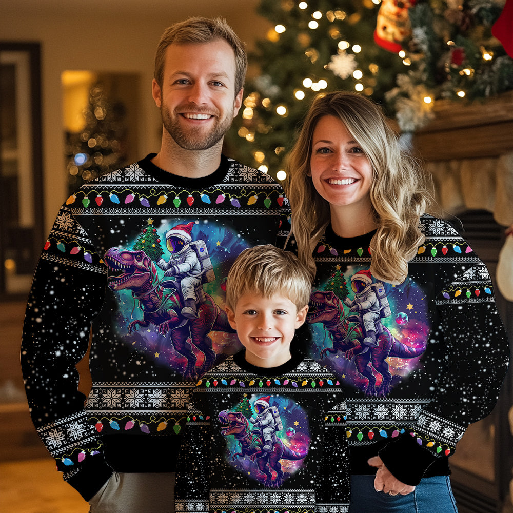 Astronaut Riding T-Rex Ugly Christmas Sweater