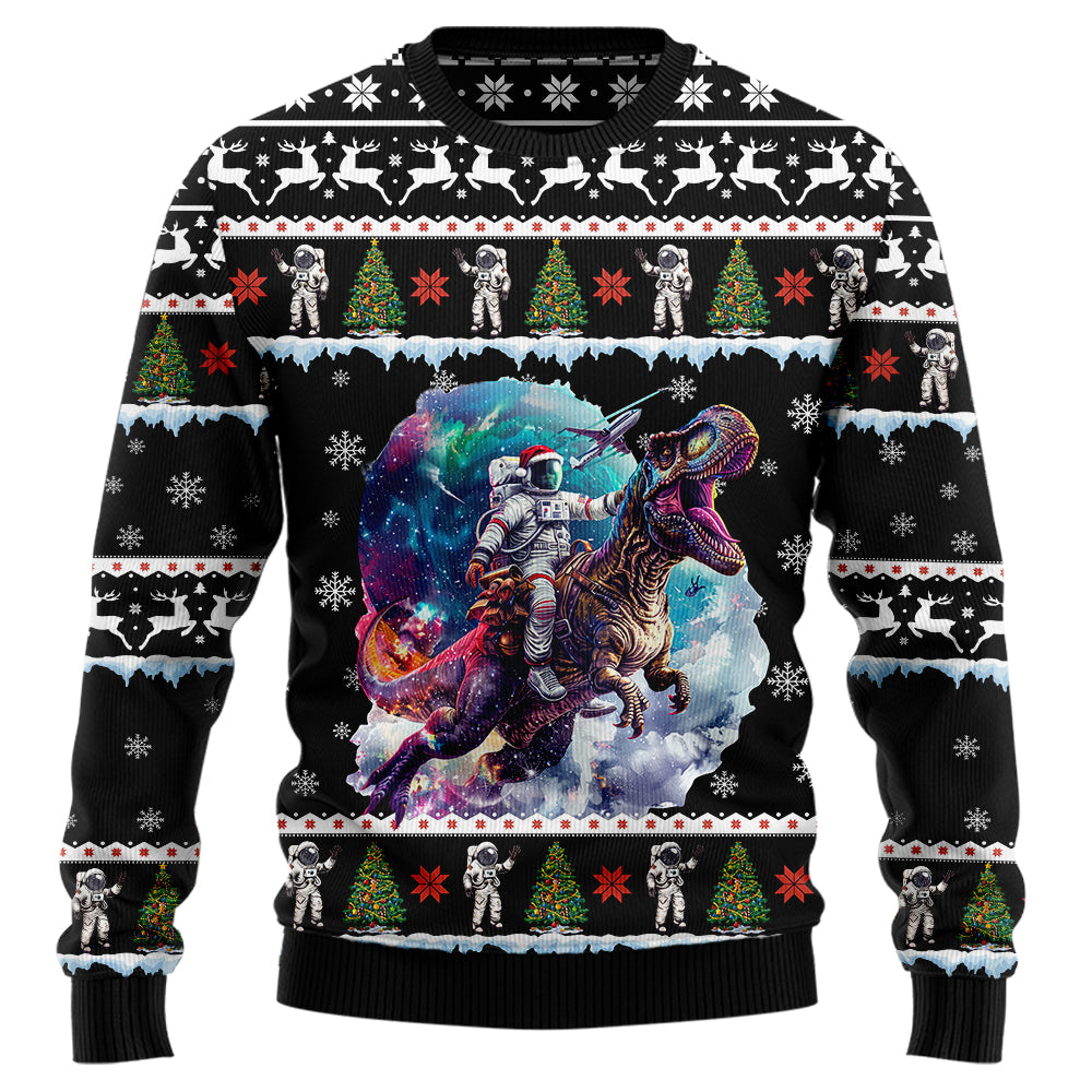 Cool Astronaut Riding T-Rex Ugly Christmas Sweater