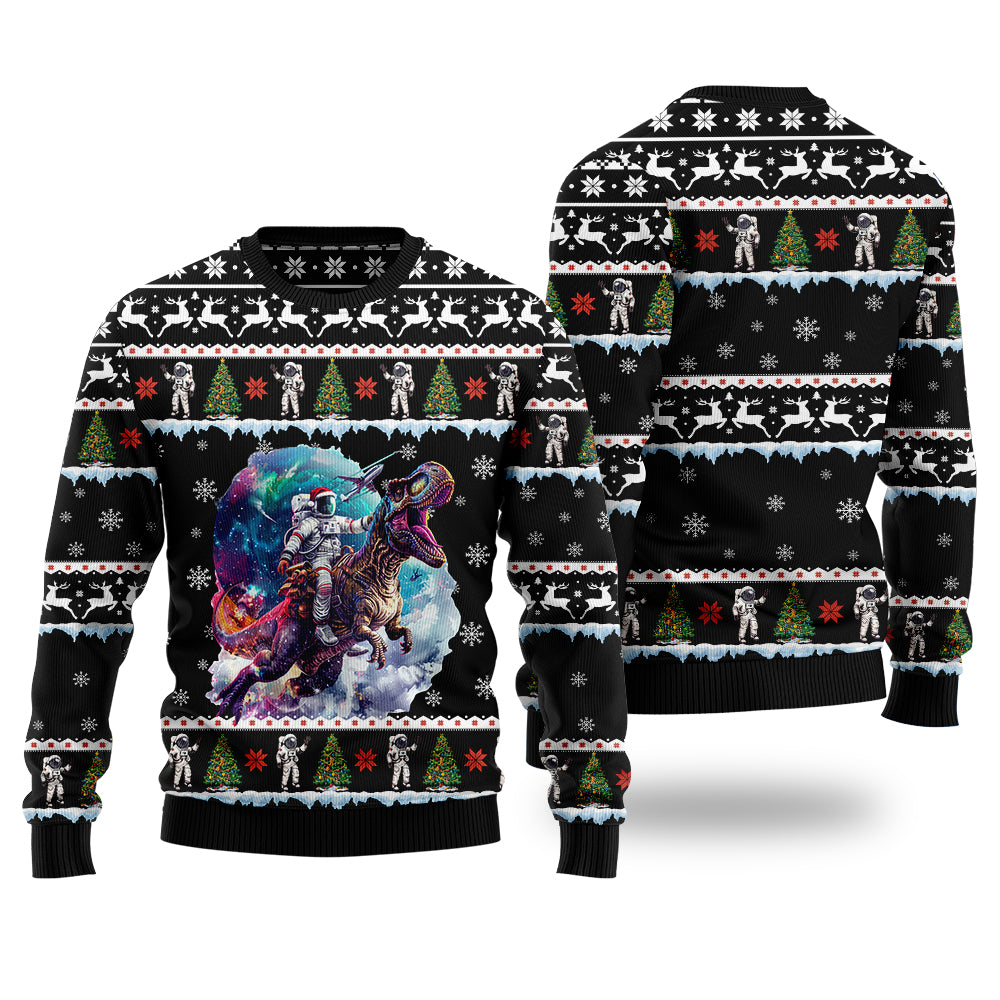 Cool Astronaut Riding T-Rex Ugly Christmas Sweater