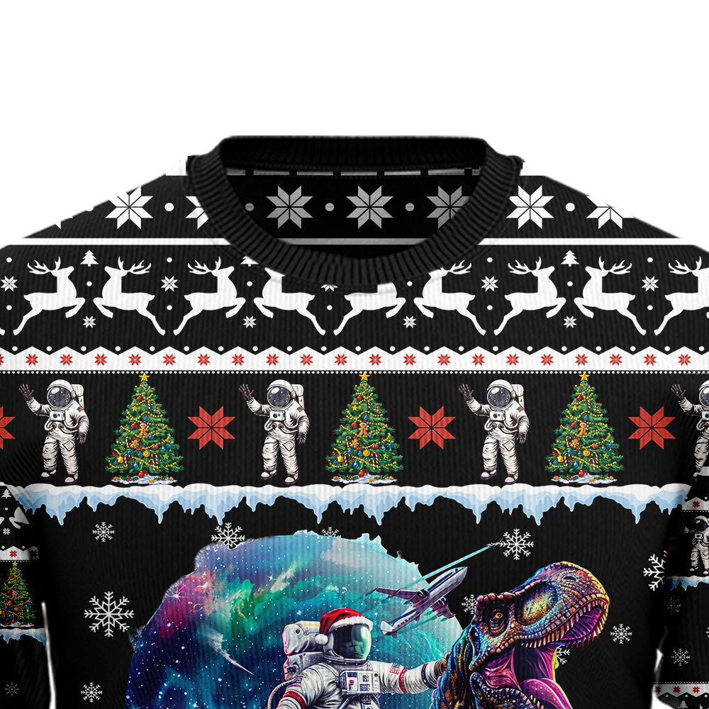 Cool Astronaut Riding T-Rex Ugly Christmas Sweater