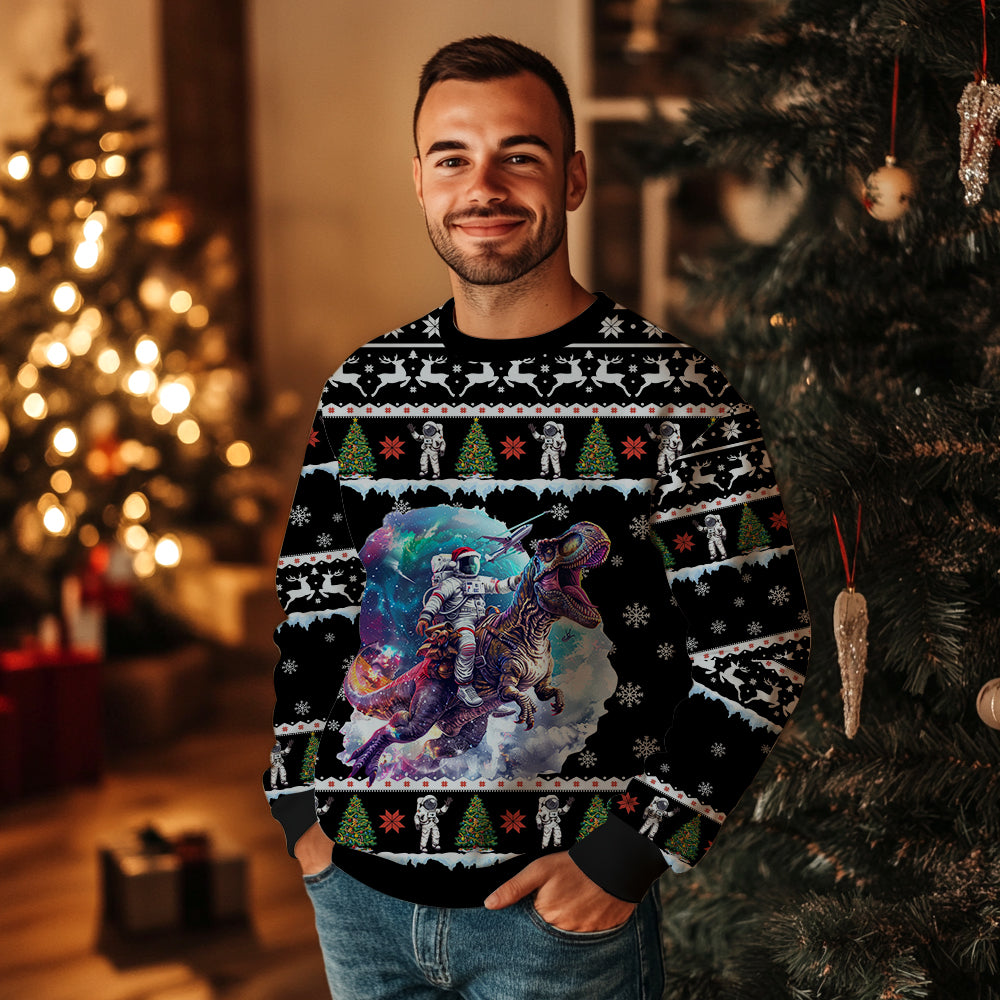 Cool Astronaut Riding T-Rex Ugly Christmas Sweater