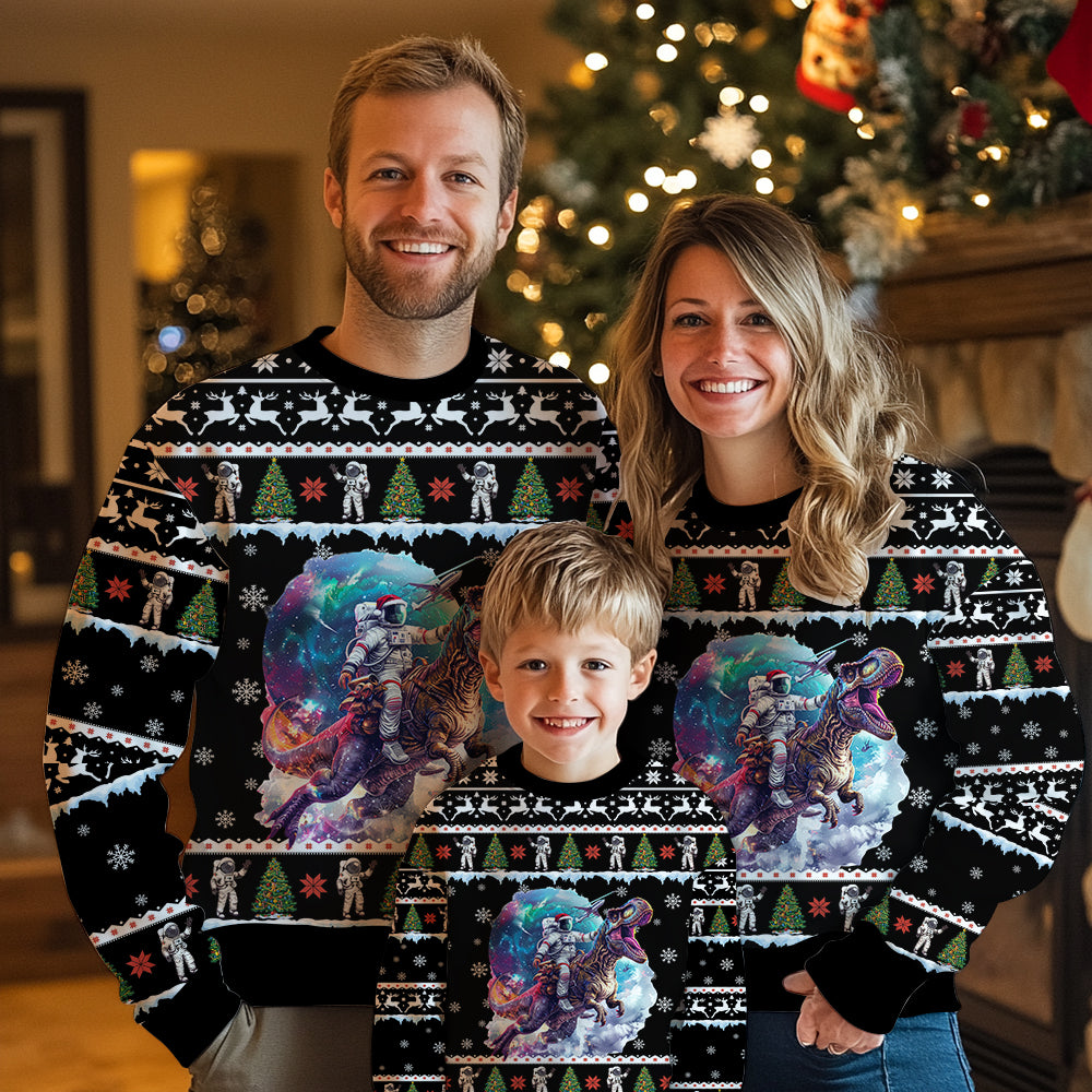 Cool Astronaut Riding T-Rex Ugly Christmas Sweater