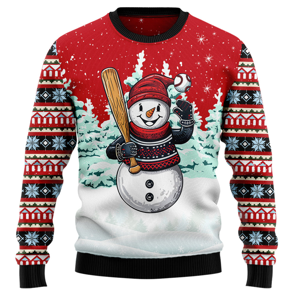 Snowman Playing Baseball Ugly Christmas Sweater
