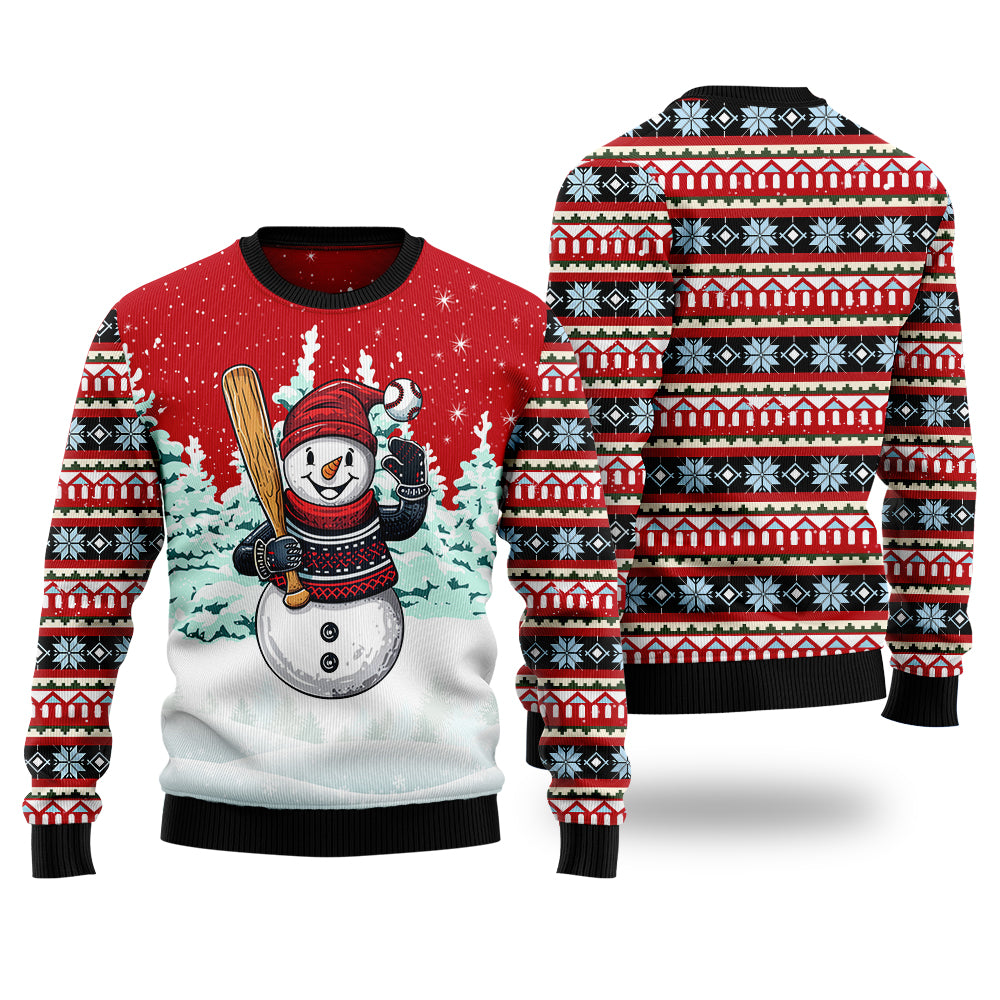 Snowman Playing Baseball Ugly Christmas Sweater