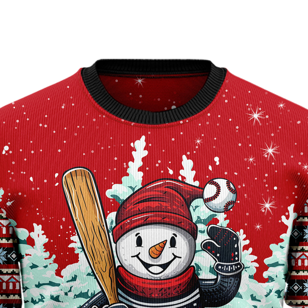 Snowman Playing Baseball Ugly Christmas Sweater