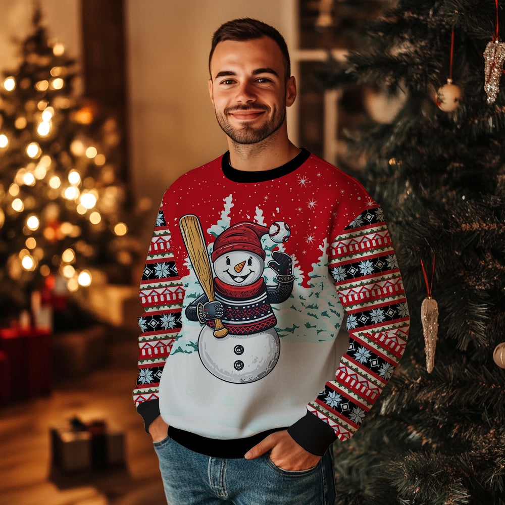 Snowman Playing Baseball Ugly Christmas Sweater