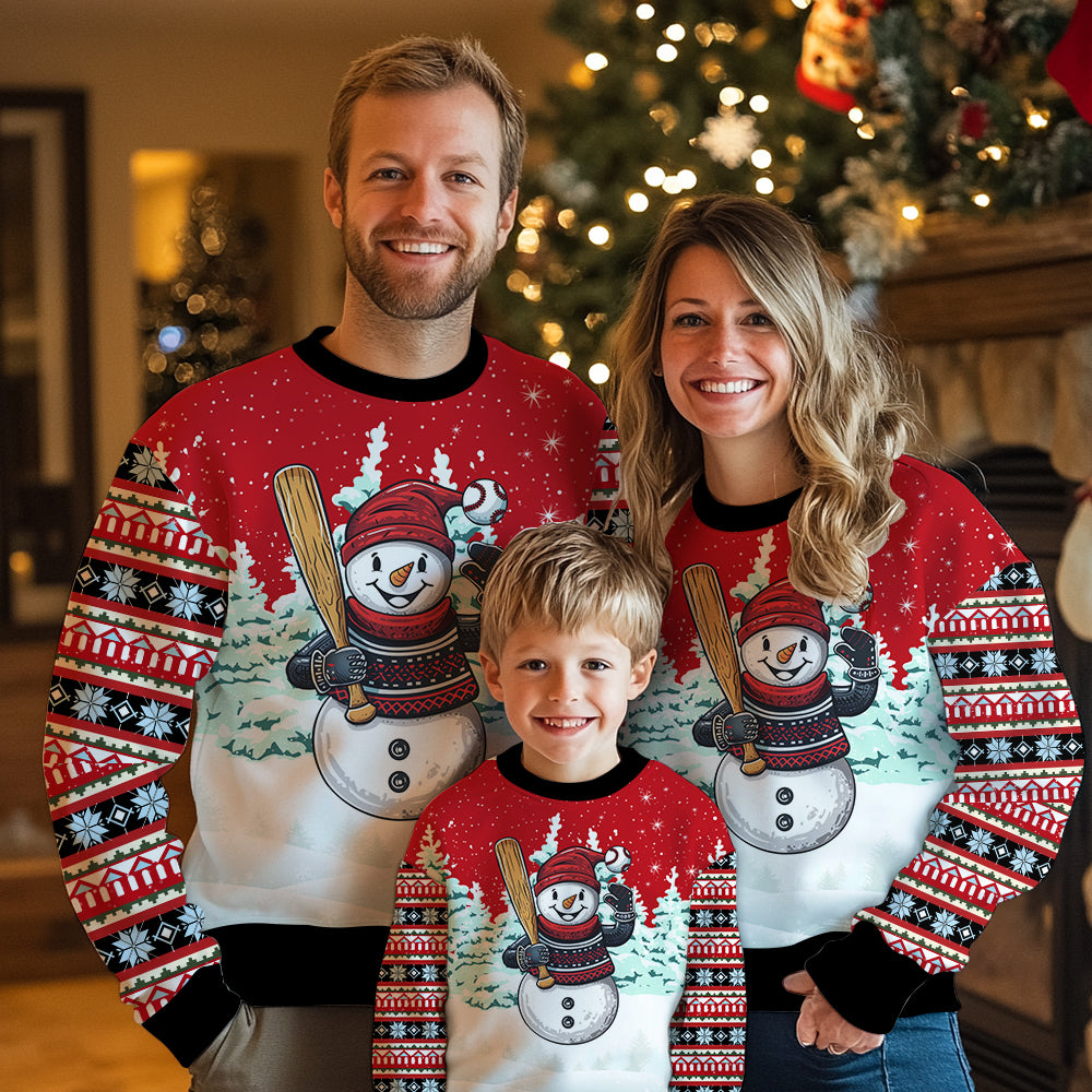 Snowman Playing Baseball Ugly Christmas Sweater