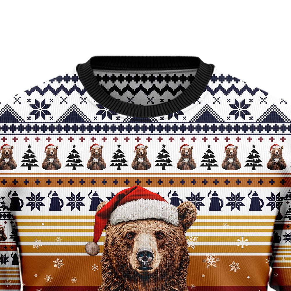 Funny Bear Drinking Coffee Ugly Christmas Sweater, 3D Santa Hat Bear Holiday Sweatshirt, Cozy Coffee Lover Xmas Jumper