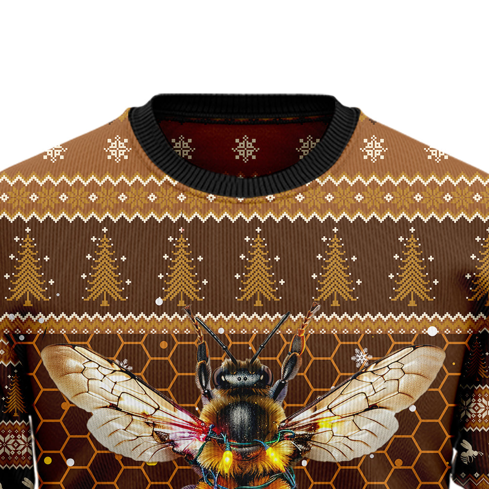 Bee Merry Ugly Christmas Sweater, 3D Funny Honey Bee in Christmas Lights Holiday Sweatshirt, Beekeeper Xmas Jumper