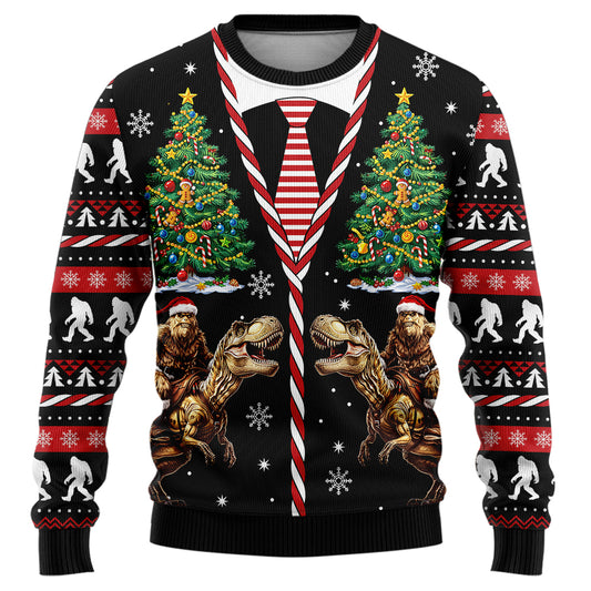 Funny Bigfoot Riding T-Rex Ugly Christmas Sweater