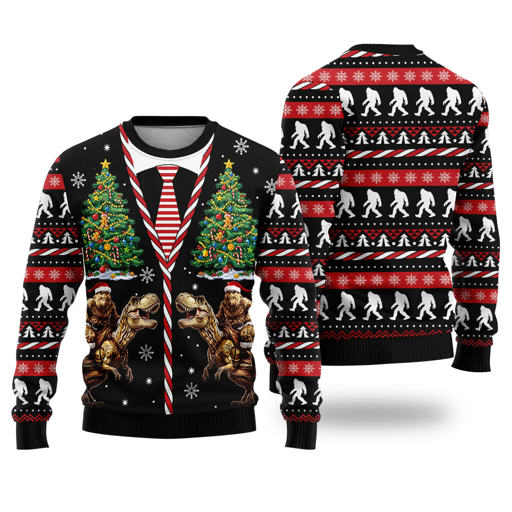 Funny Bigfoot Riding T-Rex Ugly Christmas Sweater