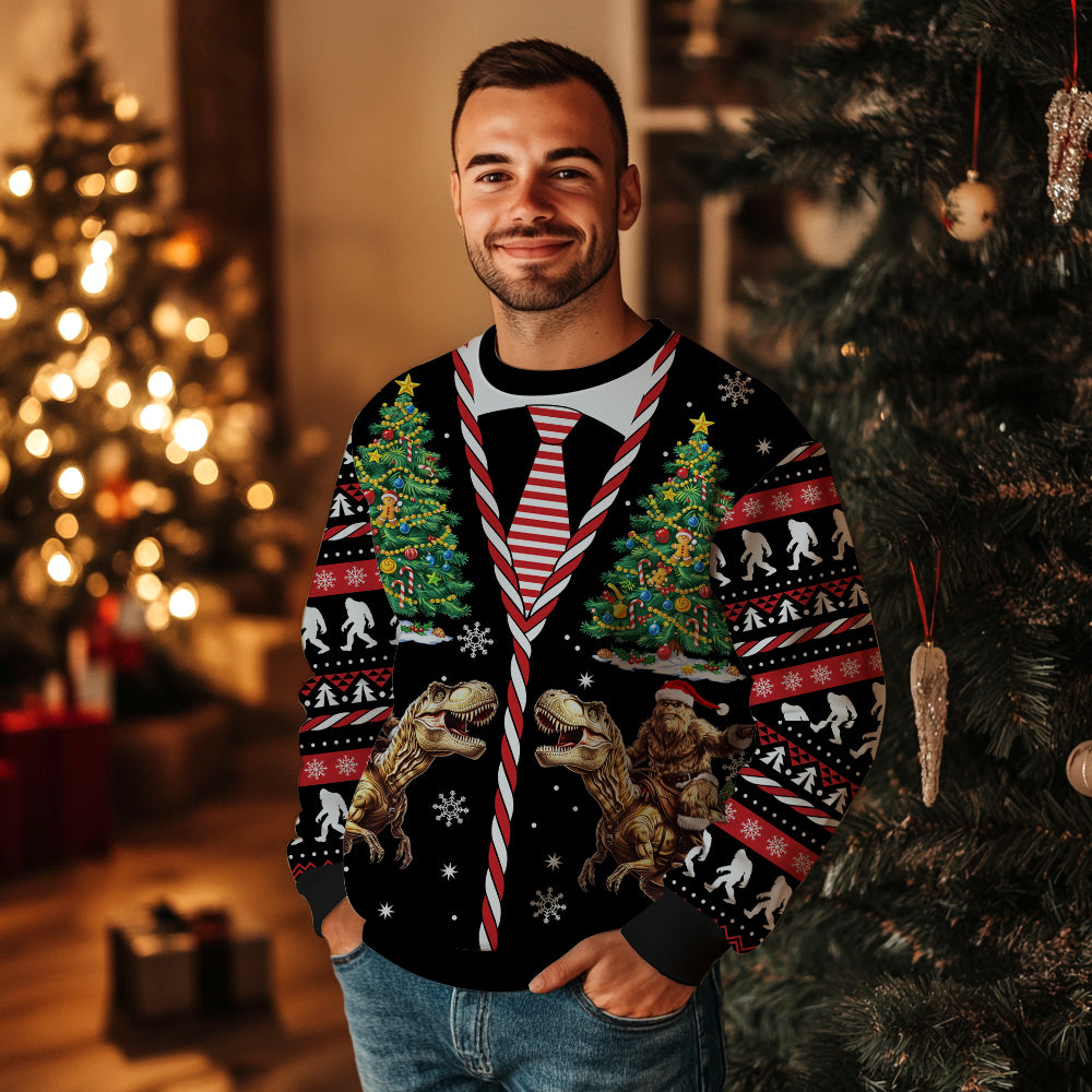 Funny Bigfoot Riding T-Rex Ugly Christmas Sweater