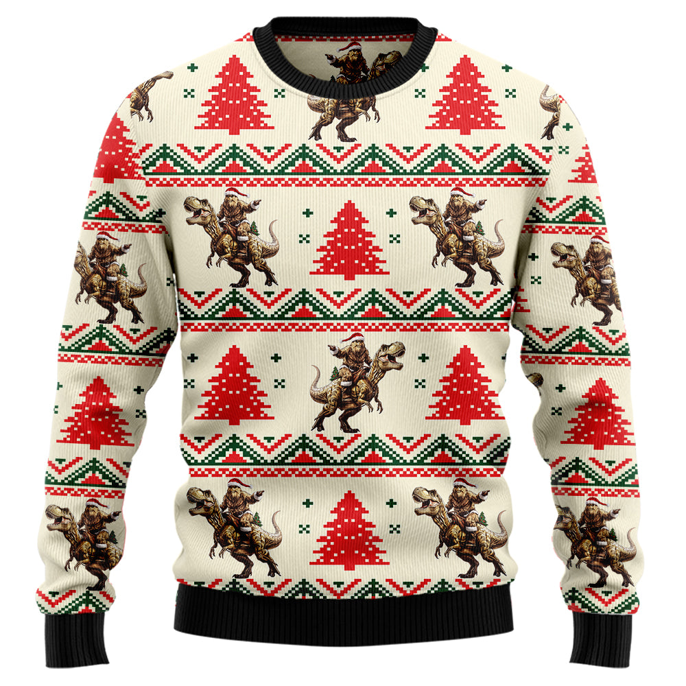 Bigfoot Riding T-Rex Dinosaur Ugly Christmas Sweater