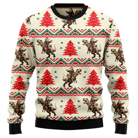 Bigfoot Riding T-Rex Dinosaur Ugly Christmas Sweater