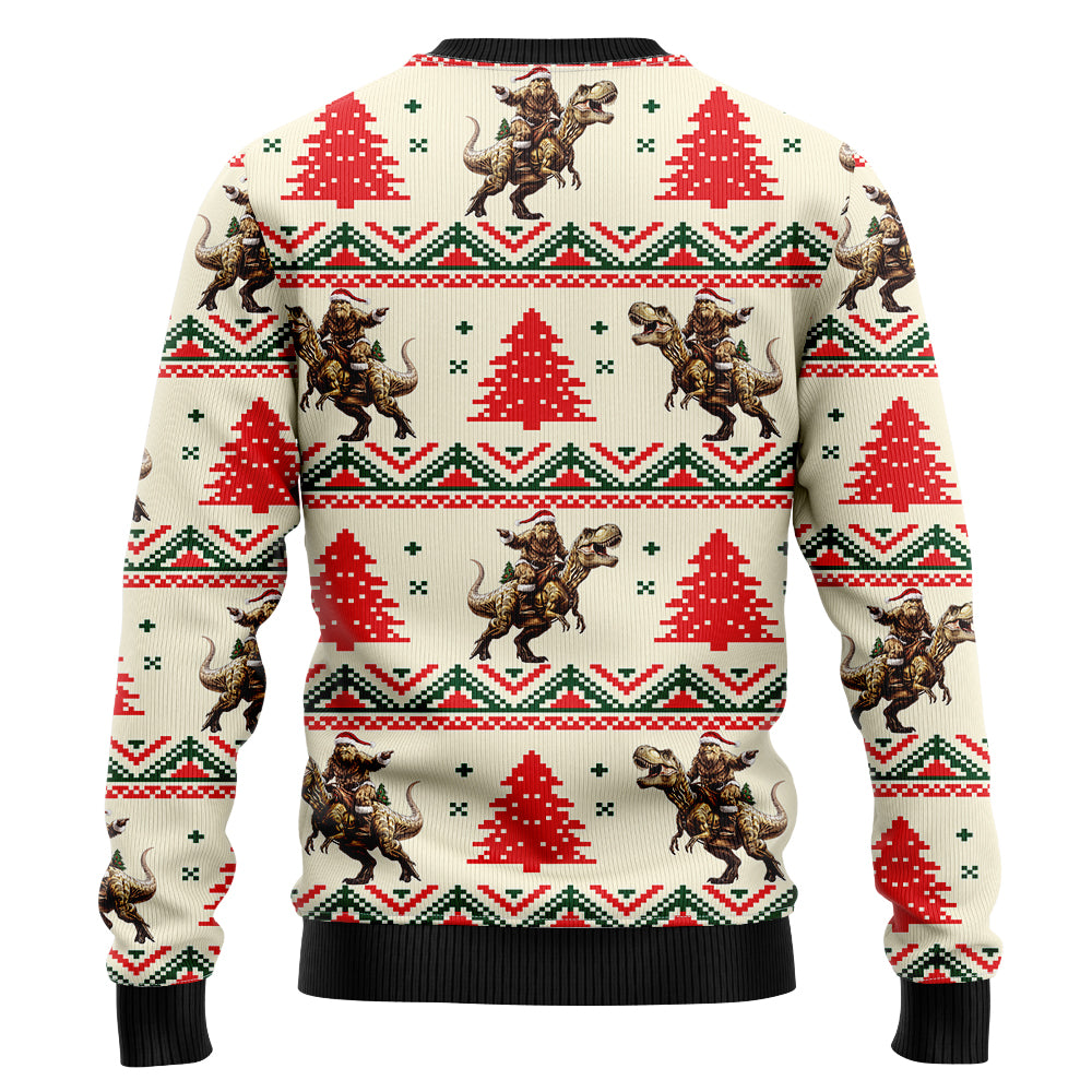 Bigfoot Riding T-Rex Dinosaur Ugly Christmas Sweater