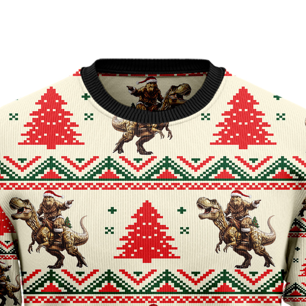 Bigfoot Riding T-Rex Dinosaur Ugly Christmas Sweater