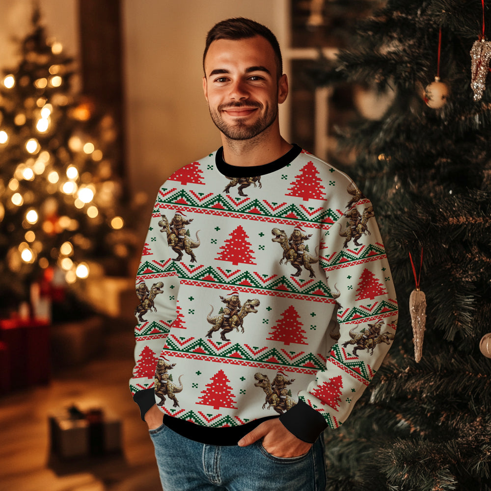 Bigfoot Riding T-Rex Dinosaur Ugly Christmas Sweater