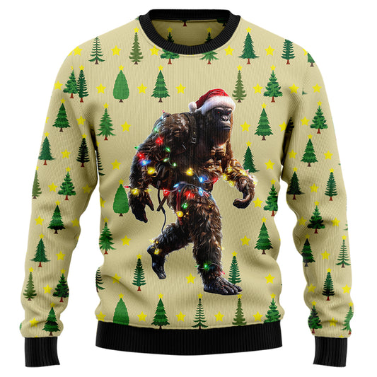 Festive Bigfoot Wrapped in Christmas Lights Ugly Christmas Sweater
