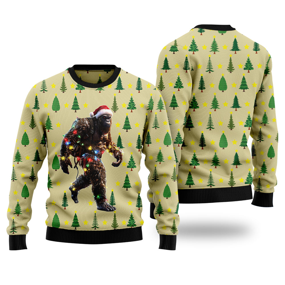 Festive Bigfoot Wrapped in Christmas Lights Ugly Christmas Sweater