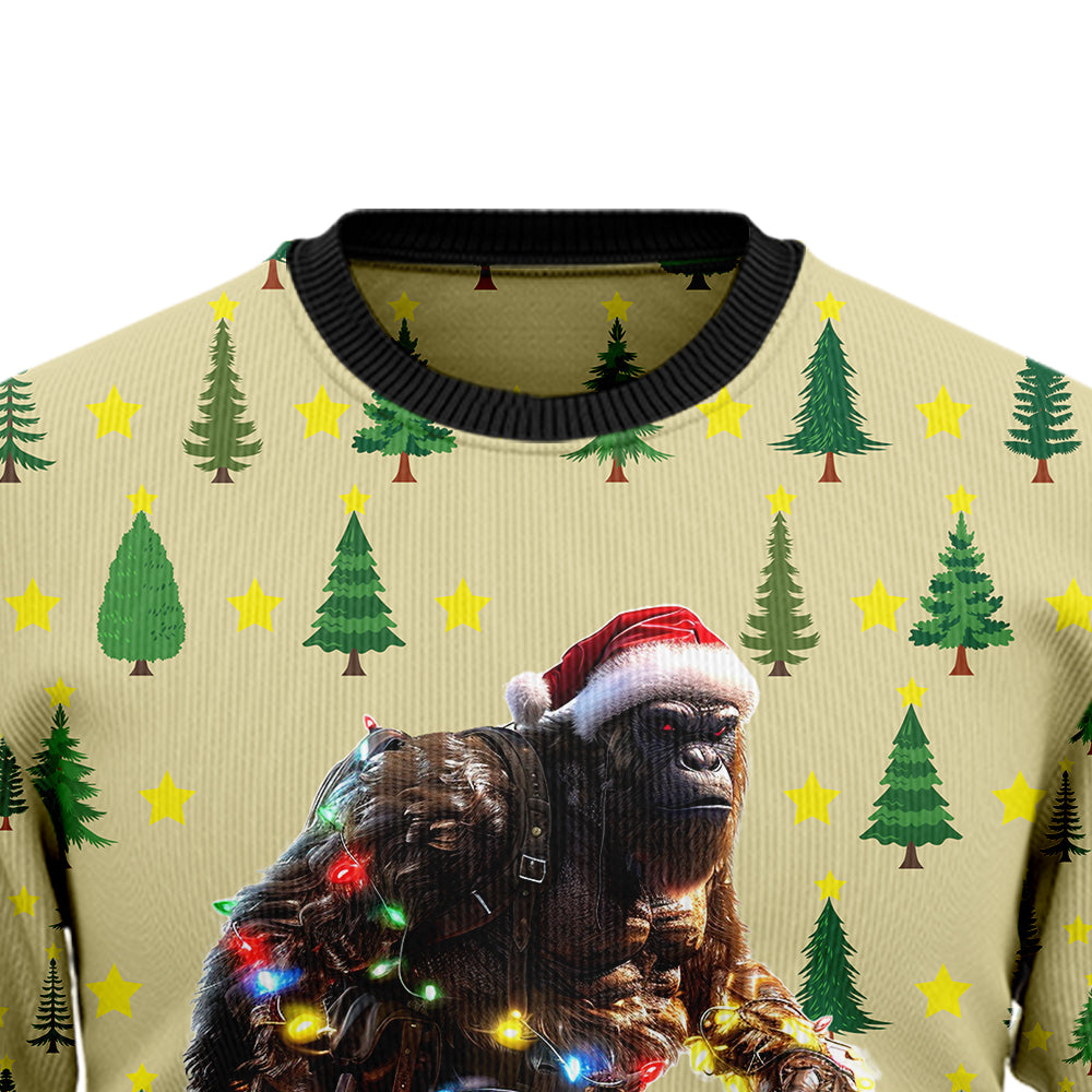 Festive Bigfoot Wrapped in Christmas Lights Ugly Christmas Sweater