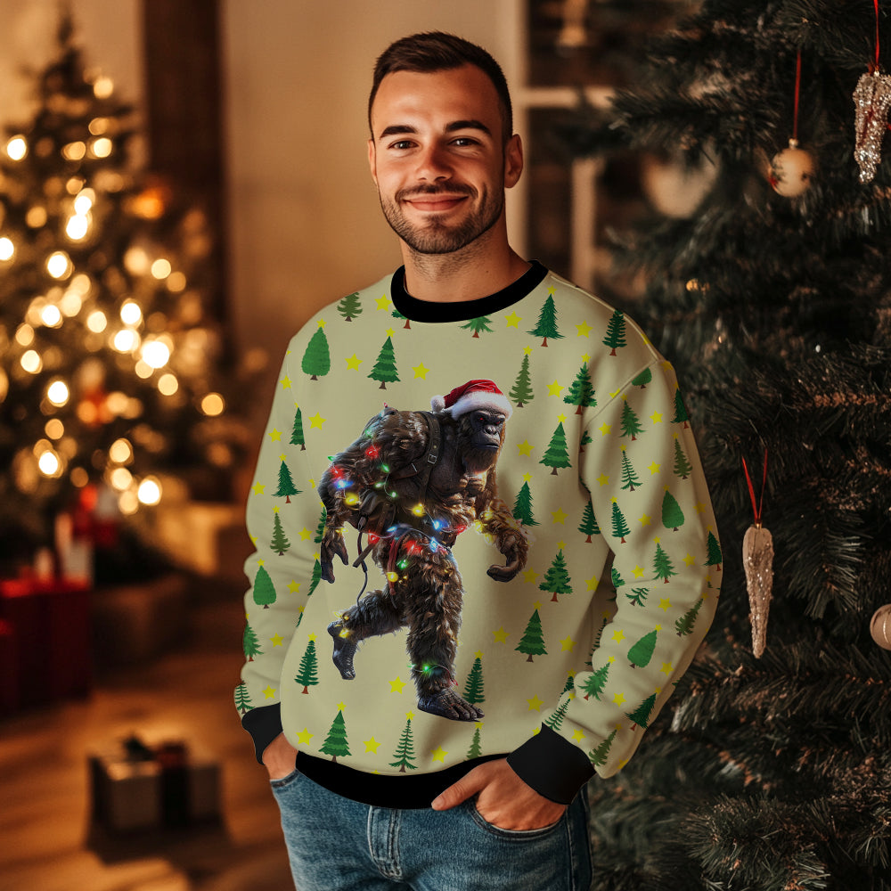 Festive Bigfoot Wrapped in Christmas Lights Ugly Christmas Sweater