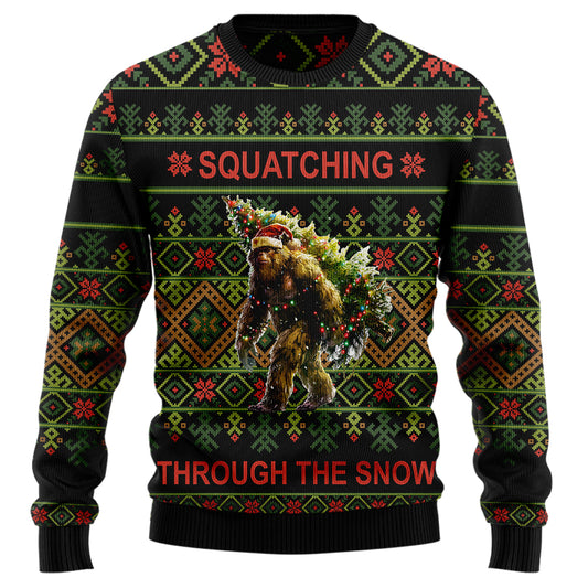 Squatching Through The Snow Bigfoot Ugly Christmas Sweater