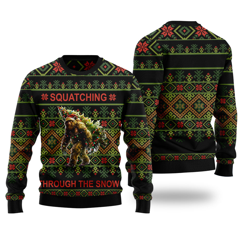 Squatching Through The Snow Bigfoot Ugly Christmas Sweater