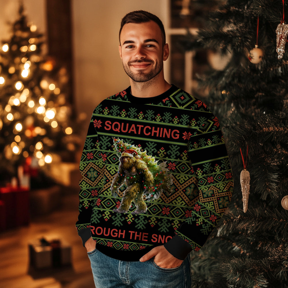 Squatching Through The Snow Bigfoot Ugly Christmas Sweater